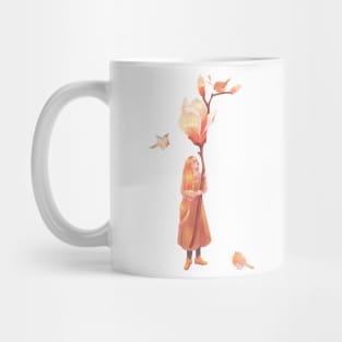 Girl with camellia flower and little birds Mug